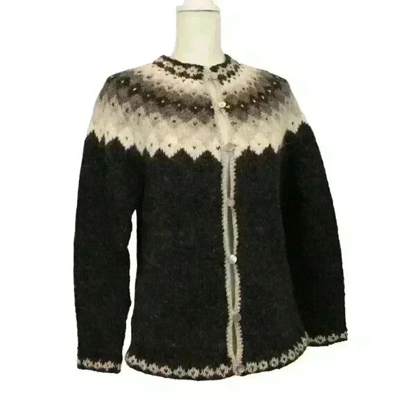 Authentic Icelandica 100% Wool Button Up Black and White Knit Cardigan Size S - Picture 1 of 6